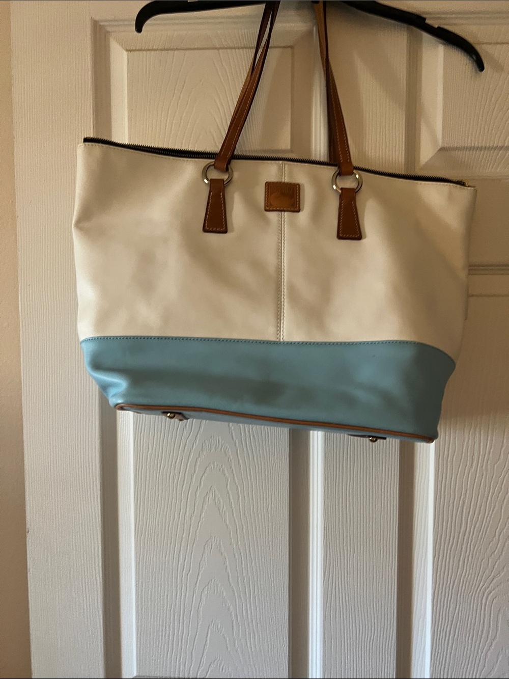 Dooney & Bourke Cream and Light Blue Two-Tone Tote with Tan Handles